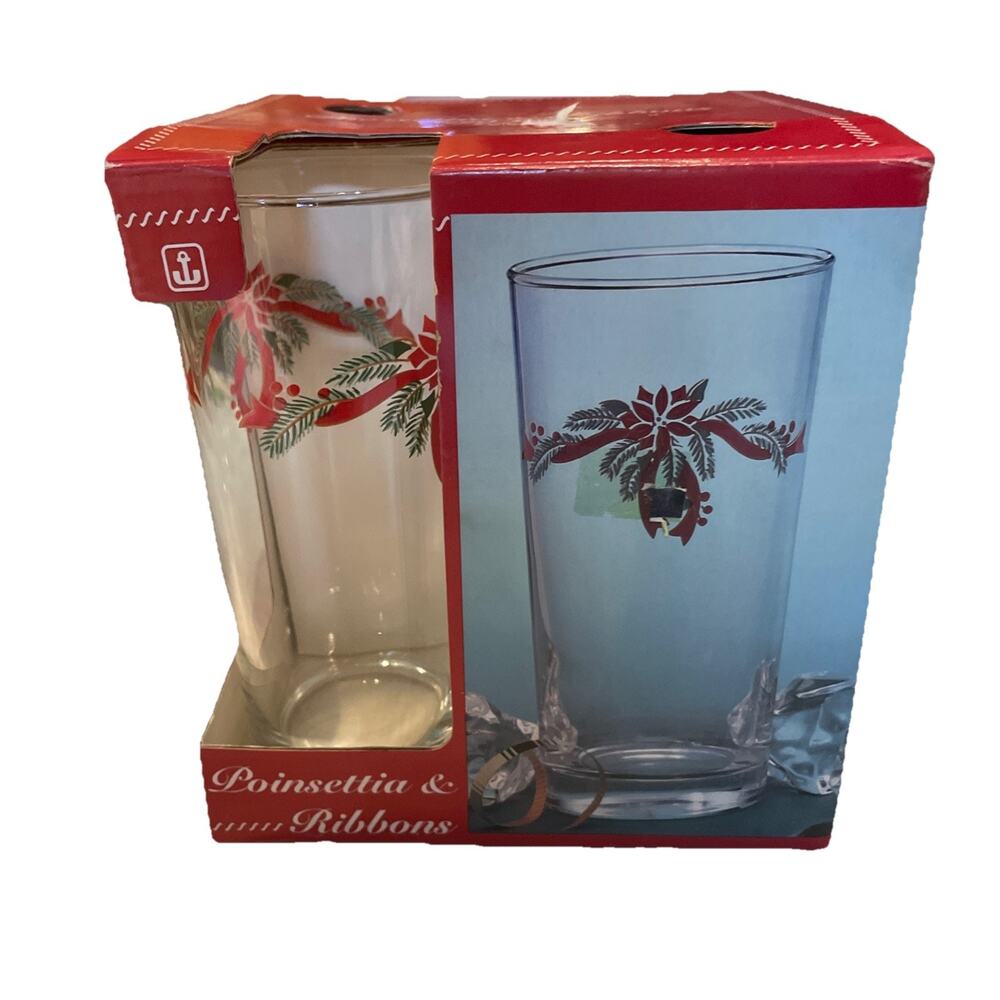 Vintage Anchor Hocking Poinsettia & Ribbons 4pc Iced Tea Glasses 15 oz Christmas